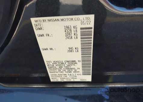 2022 Nissan Altima Sv Fwd z USA, uszkodzony, nr VIN 1N4BL4DV7NN381746